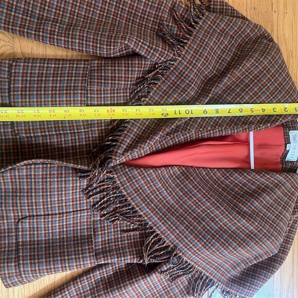 Worth Vintage 90s Plaid Tweed Blazer S Brown Fringed Shawl Collar - Picture 6 of 13